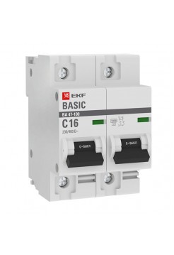 Автоматический выключатель EKF Basic 2P ВА 47-100 16А 10kA SQ mcb47100-2-16C-bas