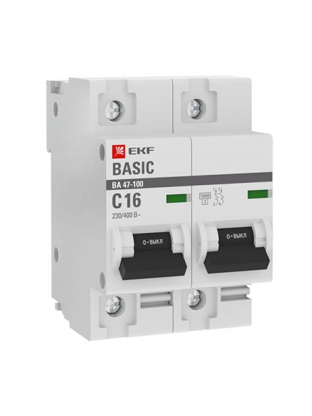 Автоматический выключатель EKF Basic 2P ВА 47-100 16А 10kA SQ mcb47100-2-16C-bas