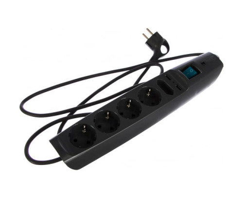 Сетевой фильтр ЭРА SFU-5es-2m-B 5 розеток, 2 USB, 2м, с/з, шторками и выключателем, черный, C0043326