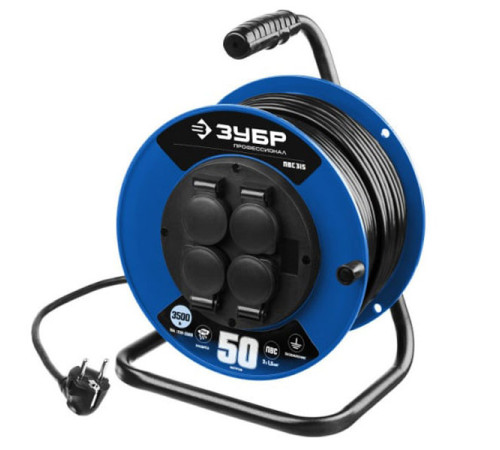 Удлинитель на катушке Зубр "ПВС 315" 50 м, 3500 Вт, 4 гнезда, IP44, ПВС 3х1,5 кв мм, 55081-50