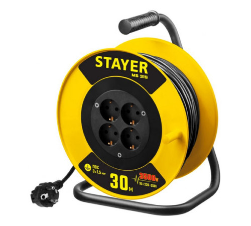 Удлинитель на катушке Stayer MS 315, 30 м 3500 Вт, заземление, 4 гнезда, ПВС 3x1,5 55078-30