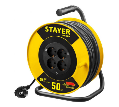 Удлинитель на катушке Stayer MS 315, 50 м 3500 Вт, заземление, 4 гнезда, ПВС 3x1,5 55078-50