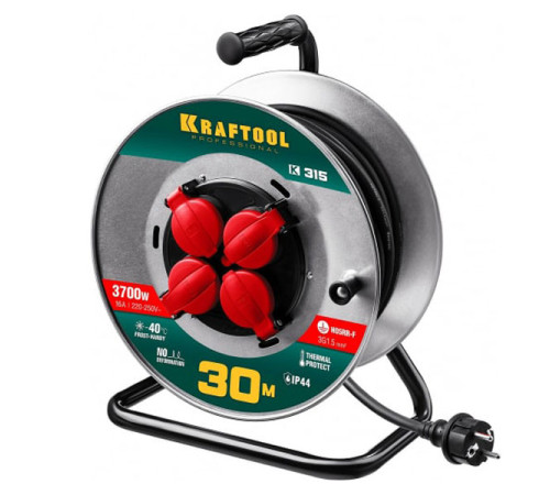 Удлинитель на катушке KRAFTOOL K-315 30м, 3700 Вт 4 гнезда, IP44, КГ 3х1.5 кв.м, 55085-30