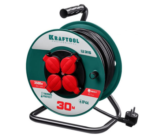 Удлинитель на катушке KRAFTOOL P-315 30м, 3500 Вт 4 гнезда, IP44, ПВС 3х1.5 кв.м, 55084-30