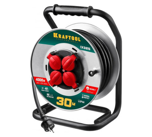 Удлинитель на катушке KRAFTOOL K-325 30м, 4000 Вт 4 гнезда, IP44, КГ 3х2.5 кв.м, 55086-30