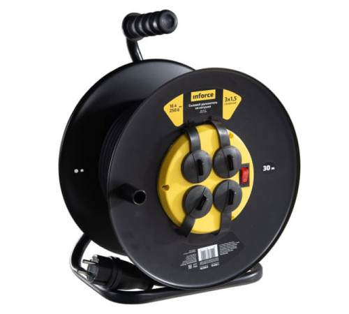 Силовой удлинитель на катушке Inforce 4 гнезда, с/з КГт 3х1,5 16A 30м IP44 09-15-01