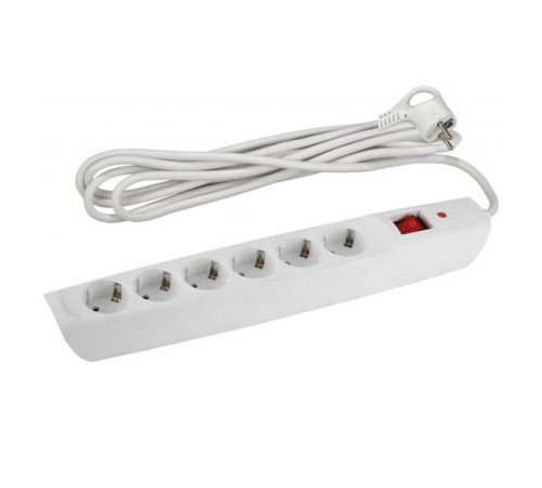 Сетевой фильтр ЭРА SFX-6es-2m-W белый, с заземлением, 10A, с выключателем, 6 гнезд, 2м Б0044023