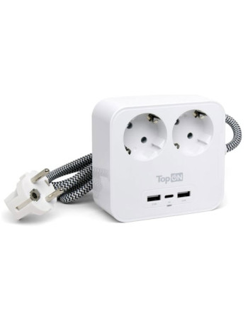 Сетевой фильтр TopOn TOP-PWS2 2 розетки с 2 USB-A и USB-C, 4000W, 1.5 м Белый TOP-PWS2
