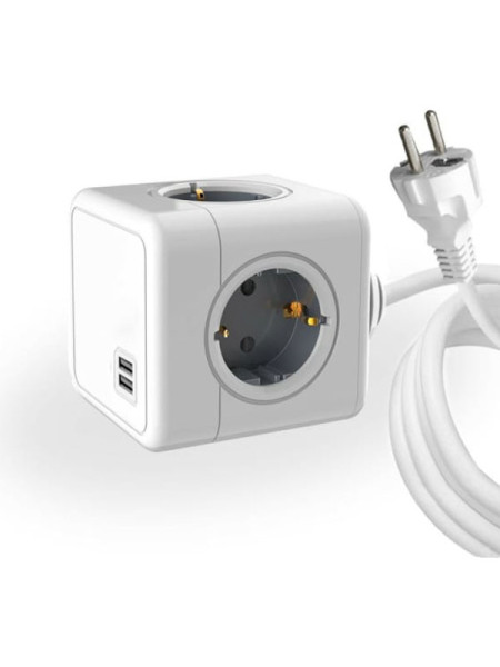 Удлинитель ROCKETSOCKET Cube Extended 4 Euro 16A, 2 USB A с блоком 5В/2.1А, кабель 1,5 м цвет серый GNS1404