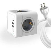 Удлинитель ROCKETSOCKET Cube Extended 4 Euro 16A, 3 USB 2A+C с блоком 5В/3.0А, кабель 1,5 м цвет серый GNS1405