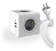 Удлинитель ROCKETSOCKET Cube Extended 4 Euro 16A, 3 USB 2A+C с блоком 5В/3.0А, кабель 1,5 м цвет серый GNS1405