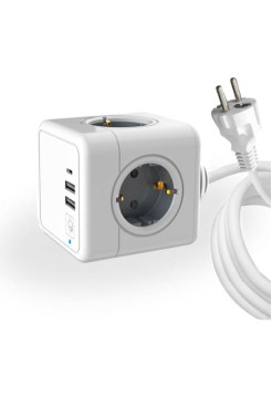 Удлинитель ROCKETSOCKET Cube Extended 4 Euro 16A, 3 USB 2A+C с блоком 5В/3.0А, кабель 1,5 м цвет серый GNS1405
