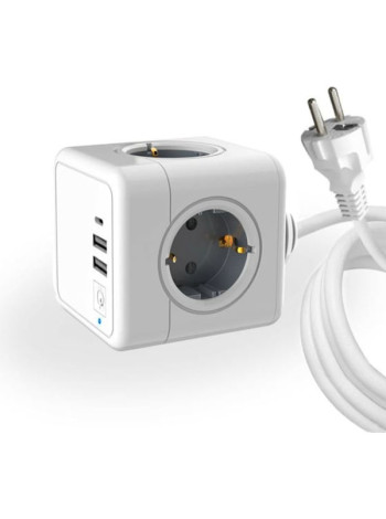 Удлинитель ROCKETSOCKET Cube Extended 4 Euro 16A, 3 USB 2A+C с блоком 5В/3.0А, кабель 1,5 м цвет серый GNS1405