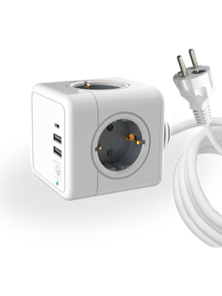 Удлинитель ROCKETSOCKET Cube Extended 4 Euro 16A, 3 USB 2A+C с блоком 5В/3.0А, кабель 1,5 м цвет серый GNS1405