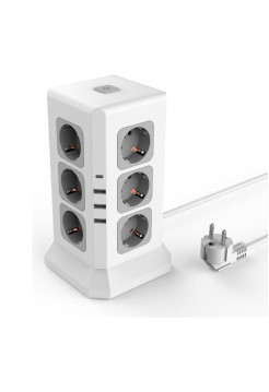 Удлинитель ROCKETSOCKET Tower Extended 12 Euro 16A, 4 USB 3A+C с блоком 5В/3.4А, кабель 2,0 м цвет белый GNS5004