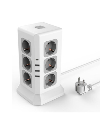 Удлинитель ROCKETSOCKET Tower Extended 12 Euro 16A, 4 USB 3A+C с блоком 5В/3.4А, кабель 2,0 м цвет белый GNS5004