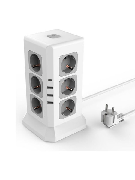 Удлинитель ROCKETSOCKET Tower Extended 12 Euro 16A, 4 USB 3A+C с блоком 5В/3.4А, кабель 2,0 м цвет белый GNS5004