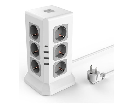 Удлинитель ROCKETSOCKET Tower Extended 12 Euro 16A, 4 USB 3A+C с блоком 5В/3.4А, кабель 2,0 м цвет белый GNS5004