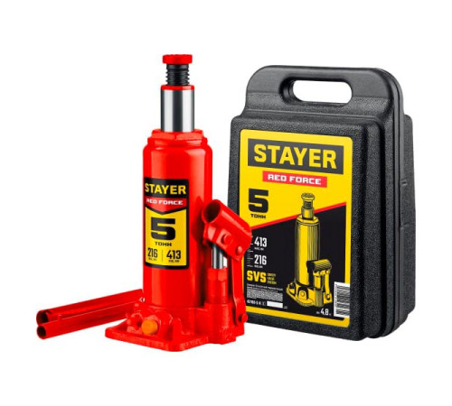 Бутылочный гидравлический домкрат Stayer RED FORCE 5т, 216-413 мм, в кейсе 43160-5-K_z01