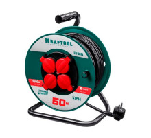 Удлинитель на катушке KRAFTOOL P-315, 50м, 3500Вт, 4 гнезда, IP44, ПВС 3х1.5мм2, 55084-50