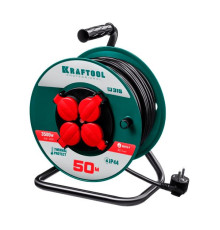 Удлинитель на катушке KRAFTOOL P-315, 50м, 3500Вт, 4 гнезда, IP44, ПВС 3х1.5мм2, 55084-50