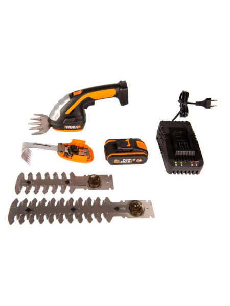 Ножницы для стрижки травы и кустарников WORX АКБ 1x2 А*ч и ЗУ, в комплекте с тяпкой WG801E.5