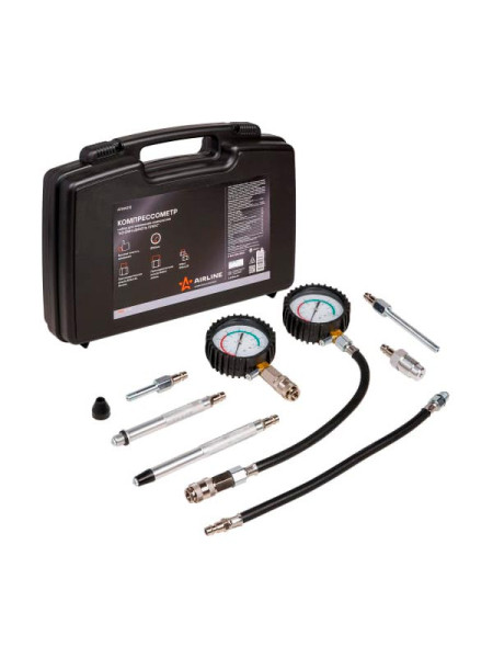 Компрессометр для измерения компрессии AIRLINE PRO Бензин+Дизель ПЛЮС набор, кейс ATAA013