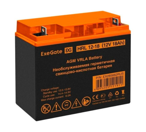 Аккумуляторная батарея HRL 12-18 12 V, 18 A*h, клеммы F3, болт М5 с гайкой ExeGate 285662