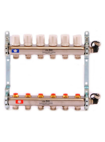 Коллекторная группа Uni-Fitt 1х3/4, 6 выходов, с регулировочными и термостатическими вентилями, нерж. сталь 451I4306