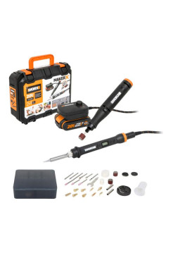 Гравировальная машинка WORX WX739.9 + Выжигатель WORX WX744.9, 20 В, 2 Ач, адаптер, ЗУ, кейс WX988