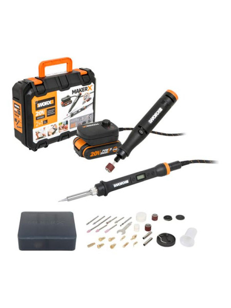 Гравировальная машинка WORX WX739.9 + Выжигатель WORX WX744.9, 20 В, 2 Ач, адаптер, ЗУ, кейс WX988