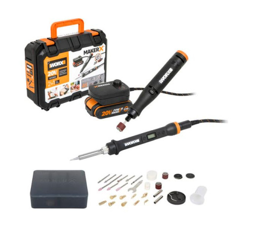 Гравировальная машинка WORX WX739.9 + Выжигатель WORX WX744.9, 20 В, 2 Ач, адаптер, ЗУ, кейс WX988
