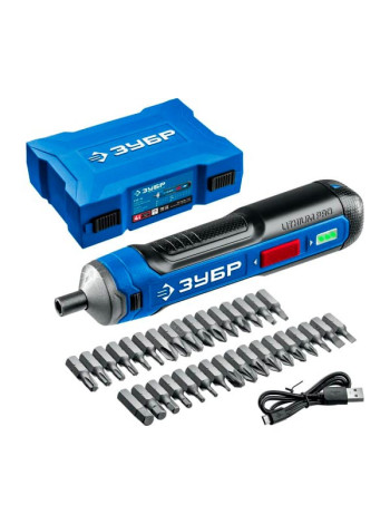 Аккумуляторная отвертка Зубр Профессионал 4 Vmax, в кейсе с набором 33 бит PSD-4S