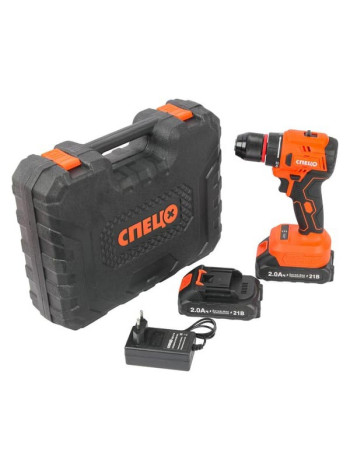 Дрель аккумуляторная Спец БДА-21-Б, (бесщеточный двигатель),21В,2аккум *2,0Ач, Ли-Ион, 0-450/0-1500об/мин,60Нм,реверс,21+1,рег..момента,металл.патрон 10мм,блок.шпинделя,инд.батареи,подсведка,зарядка 4ч,кейс, цв.кор Спец-4131