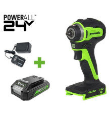 Гайковерт ударный GreenWorks G24IW200, 24V, б/щет, 0-2400об/мин, 3200уд/мин, 3/8'', 200Нм, 1x2Ач, ЗУ, коробка 3803607VUA