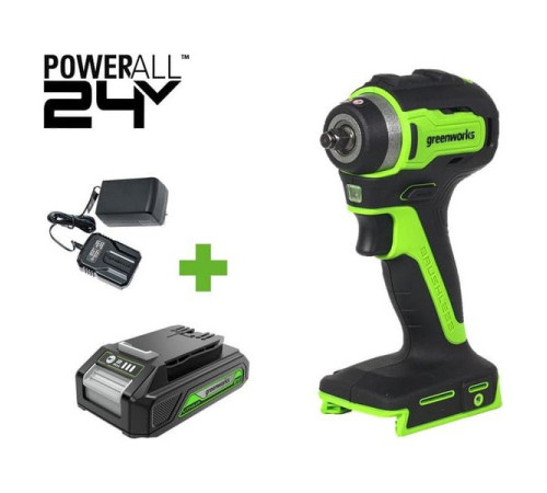 Гайковерт ударный GreenWorks G24IW200, 24V, б/щет, 0-2400об/мин, 3200уд/мин, 3/8'', 200Нм, 1x2Ач, ЗУ, коробка 3803607VUA