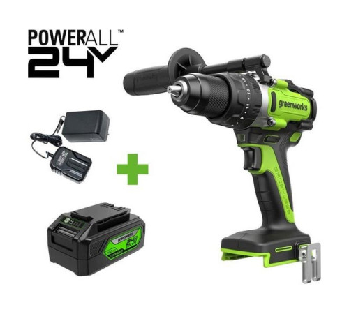 Дрель-шуруповерт ударная GreenWorks GD24DD140, 24V, б/щет, 0-550/0-2100об/мин, 70/140Нм, Anti-kickback, 1x4Ач, ЗУ, коробка 3707607VUB