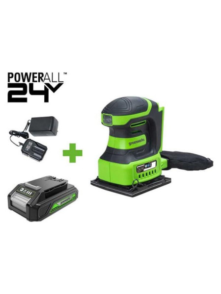 Плоская шлифовальная машина GreenWorks G24SS14, 24V, 115x140мм, 5500 об/мин, ампл. 1,6 мм, 1x2Ач,ЗУ, коробка 3100507VUA