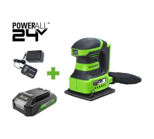 Плоская шлифовальная машина GreenWorks G24SS14, 24V, 115x140мм, 5500 об/мин, ампл. 1,6 мм, 1x2Ач,ЗУ, коробка 3100507VUA