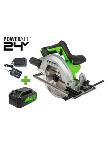 Дисковая пила GreenWorks GD24CS, 24V,б/щет, диск 185х20мм, 4500 об/мин, рез 63мм,1x4Ач,ЗУ, коробка 1500907VUB