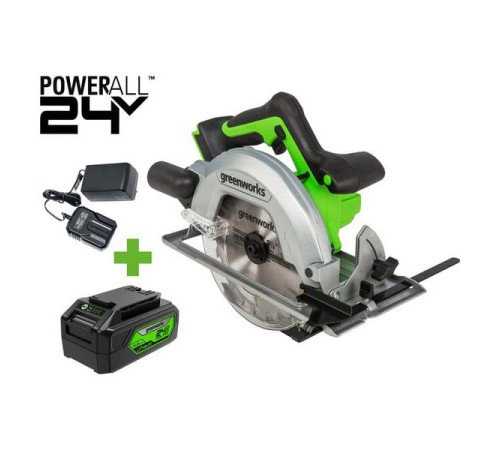 Дисковая пила GreenWorks GD24CS, 24V,б/щет, диск 185х20мм, 4500 об/мин, рез 63мм,1x4Ач,ЗУ, коробка 1500907VUB