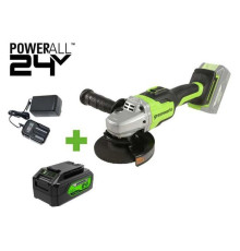 Угловая шлифовальная машина GreenWorks GD24AG, 24V, б/щет, 125 мм, 10500 об/мин,1x4Ач,ЗУ, коробка 3200207VUB