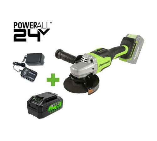 Угловая шлифовальная машина GreenWorks GD24AG, 24V, б/щет, 125 мм, 10500 об/мин,1x4Ач,ЗУ, коробка 3200207VUB