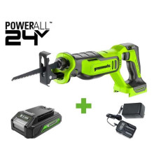 Пила сабельная GreenWorks GPT-BLRS-1, 24V, б/щет, 0-3000/мин, рез 115 мм дер., 1x2Ач,ЗУ, коробка 1200607VUA