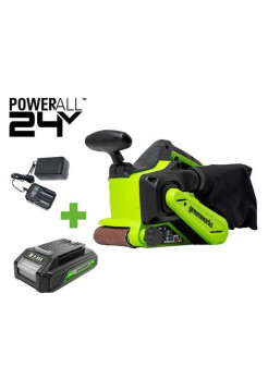 Ленточная шлифовальная машина GreenWorks G24BS, 24V, б/щет, 76х457мм, 259 м/мин, 1x2Ач,ЗУ, коробка 3100607VUA