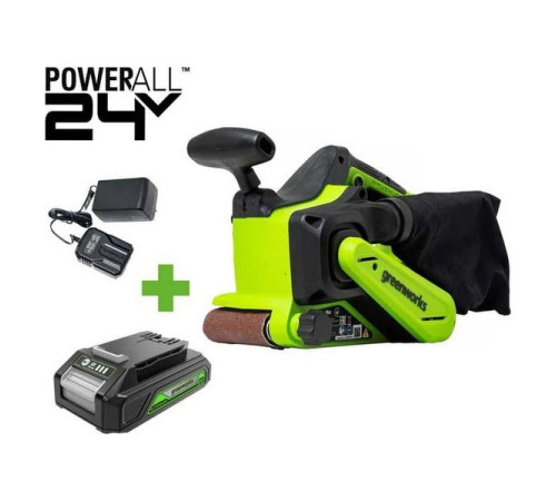 Ленточная шлифовальная машина GreenWorks G24BS, 24V, б/щет, 76х457мм, 259 м/мин, 1x2Ач,ЗУ, коробка 3100607VUA