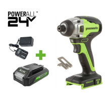 Винтоверт ударный GreenWorks GD24ID3, 24V, б/щет, 0-2800об/мин, 4000уд/мин, HEX 1/4", 300Нм, 3 режима, 1x2Ач, ЗУ, коробка 3802807VUA