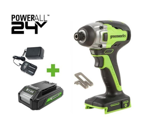 Винтоверт ударный GreenWorks GD24ID3, 24V, б/щет, 0-2800об/мин, 4000уд/мин, HEX 1/4", 300Нм, 3 режима, 1x2Ач, ЗУ, коробка 3802807VUA