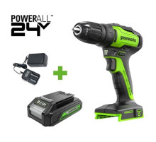 Бесщеточная дрель-шуруповерт GreenWorks GD24DD35, 24В, 29/35 Нм, 1x2Ач,ЗУ, 3704007VUA