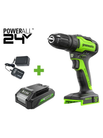 Бесщеточная дрель-шуруповерт GreenWorks GD24DD35, 24В, 29/35 Нм, 1x2Ач,ЗУ, 3704007VUA